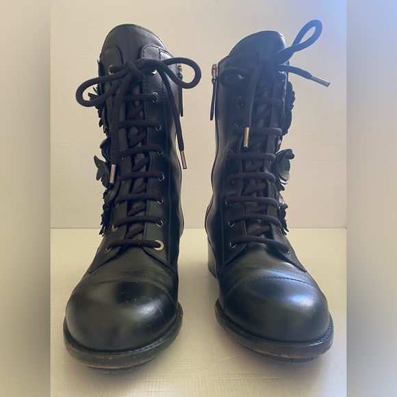 Valentino Black Leather Rose Combat Boots Size 36 - Picture 2 of 16